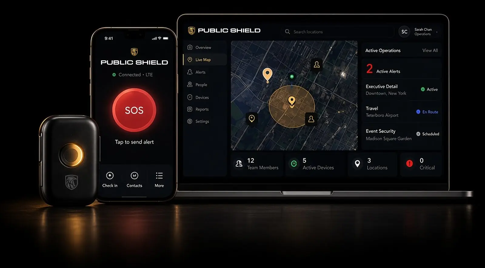 The Public Shield LTE panic button, Black app on a smartphone, and Command Portal on a laptop