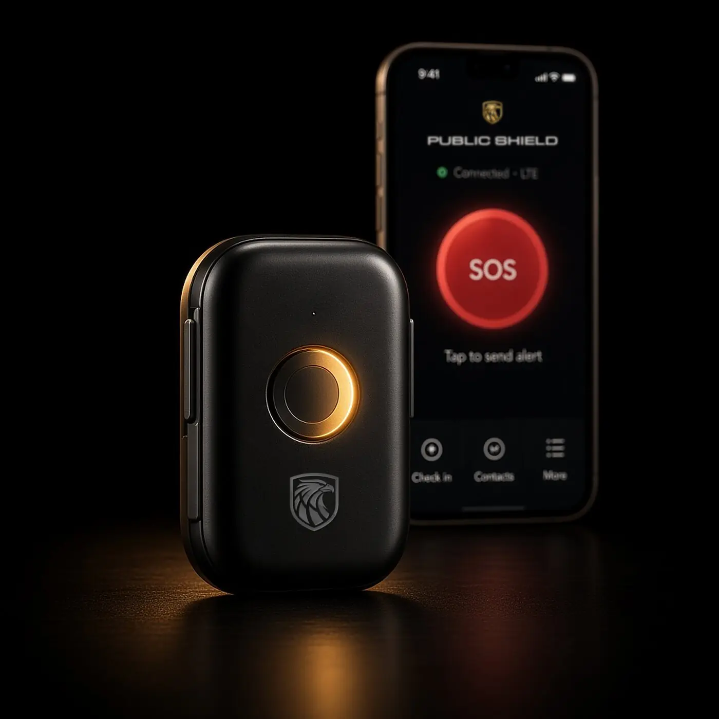 The Public Shield Black app on a smartphone beside the LTE panic button